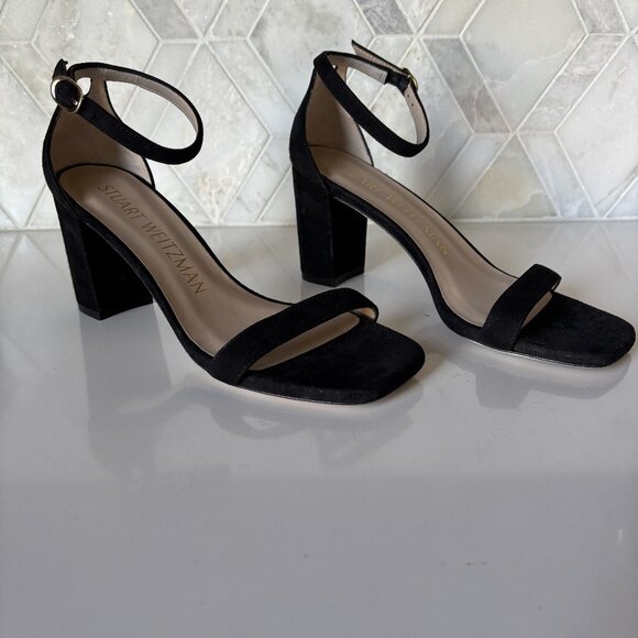 Stuart Weitzman Size 7B Block Heel Sandal Black Suede with Straps Nudistcurve - Picture 4 of 9
